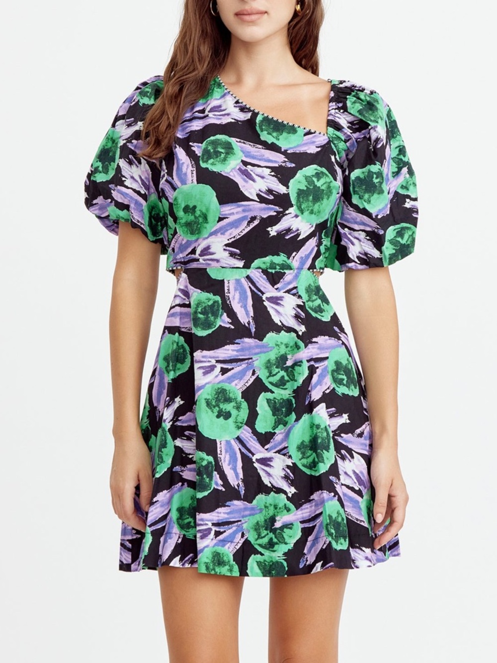 NWT Adelyn Rae Bandi Asymmetrical Cutout Puff Sleeve Mini Dress Black Floral S